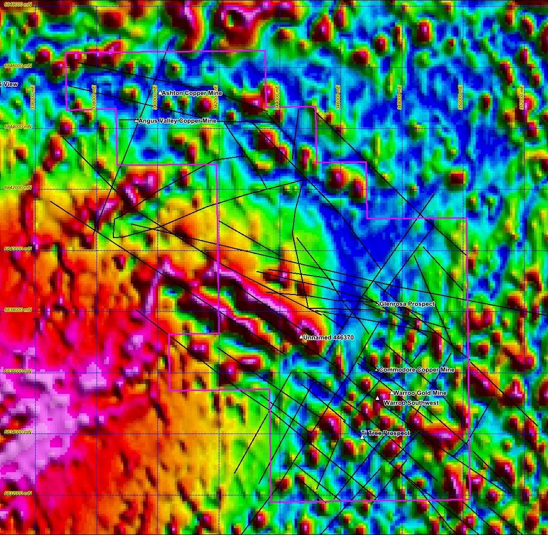 Gregory’s 2016 magnetic interpretation showing black fault traces and the Ashton, Angus Valley, Glenrosa, Commodore, Warroo and Ti-Tree localities.