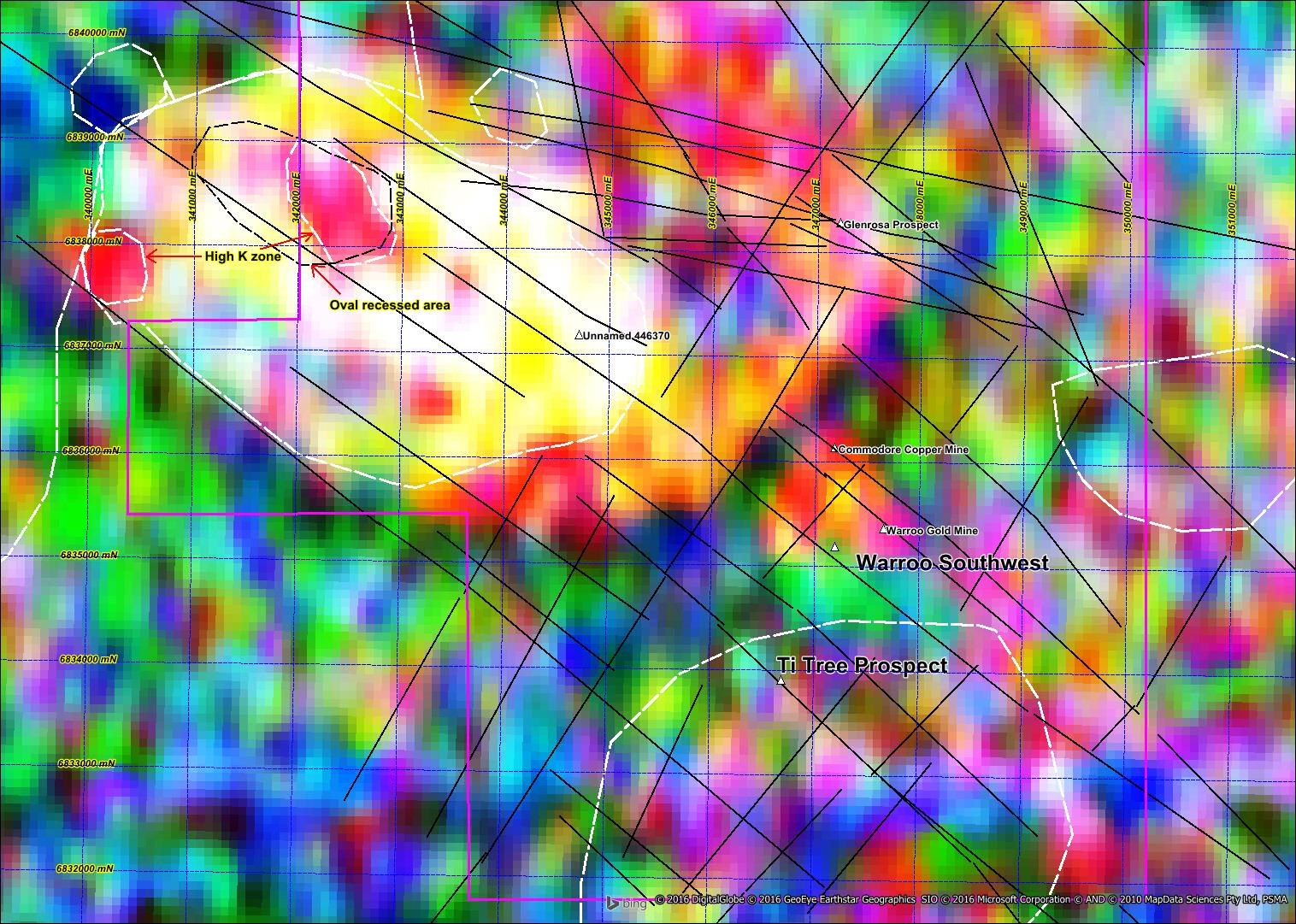 Gregory’s radiometric map of the Mt Bullaganang–Warroo area showing interpreted intrusive outlines, faults and potassium-rich features.