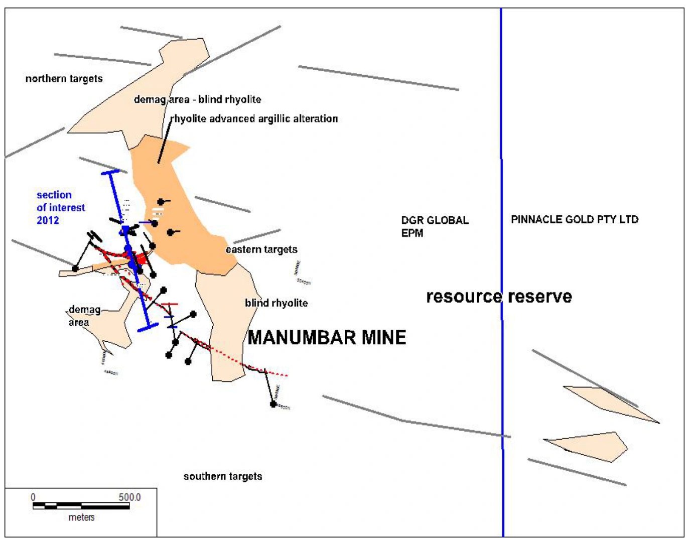 Historical Manumbar target map showing the mine area, northern, eastern and southern targets, rhyolite bodies and the 2012 section of interest.