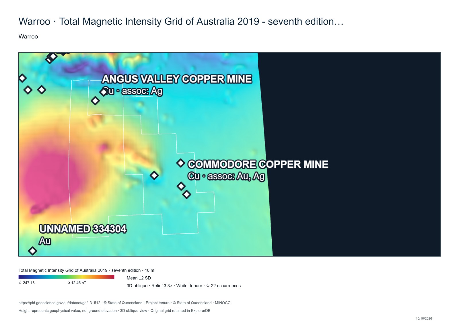 Mineral Data Studio view of total magnetic intensity at Colossus. The Commodore-area occurrence markers lie in a cyan zone beside a broad stronger magnetic anomaly. Angus Valley is labelled farther across the image.