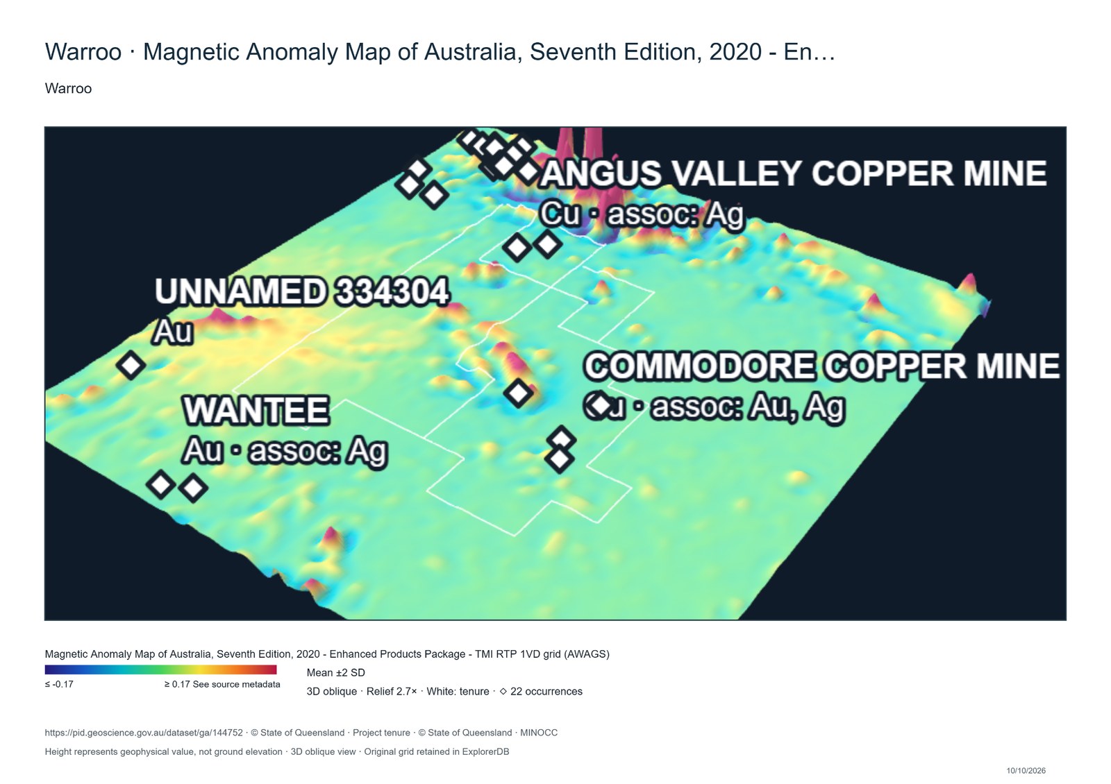 Oblique RTP first vertical derivative image showing narrow magnetic ridges and isolated peaks near the Commodore and Angus Valley occurrence markers. Wantee is labelled in the foreground.