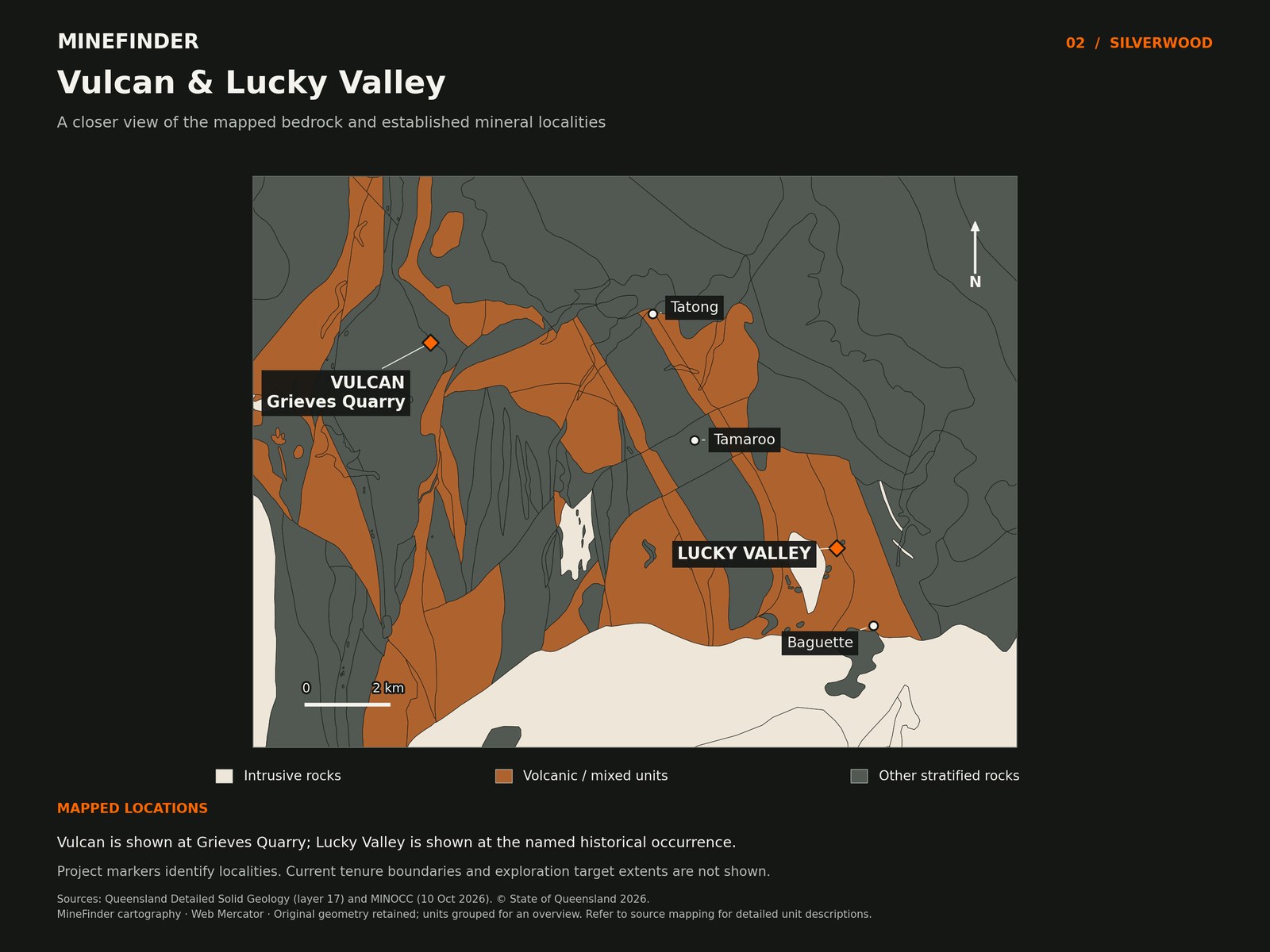 MineFinder geological map locating Vulcan at Grieves Quarry, Lucky Valley, Tatong, Tamaroo and Baguette, over Queensland bedrock polygons grouped into intrusive rocks, volcanic or mixed units, and other stratified rocks.