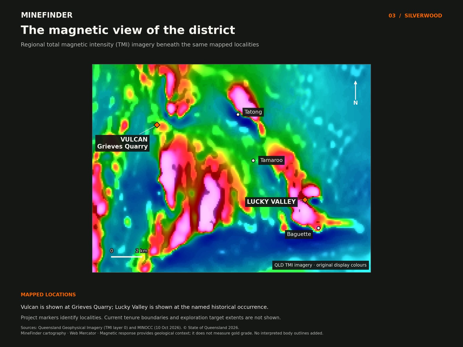 MineFinder map placing Vulcan, Lucky Valley, Tatong, Tamaroo and Baguette over Queensland total magnetic intensity imagery, with original magnetic display colours and clear project labels.