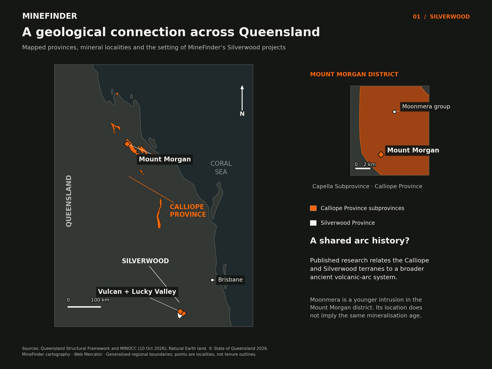 MineFinder regional map showing the mapped Calliope Province in orange, Silverwood Province in white, Mount Morgan, and the Vulcan and Lucky Valley localities. An inset locates Mount Morgan and Moonmera in the Capella Subprovince.