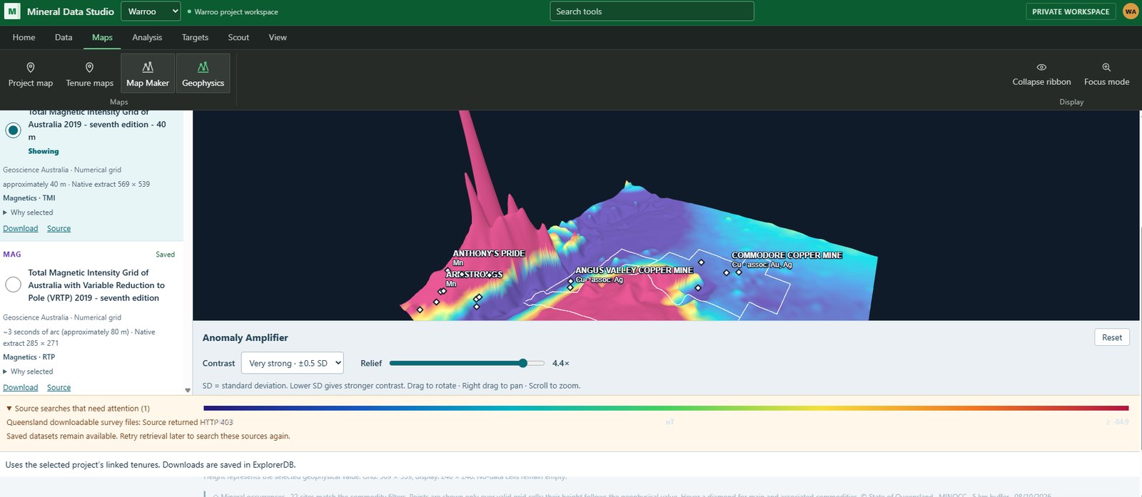 Data Studio showing magnetic data as a 3D surface, tenure boundaries, mineral occurrences and Anomaly Amplifier controls.