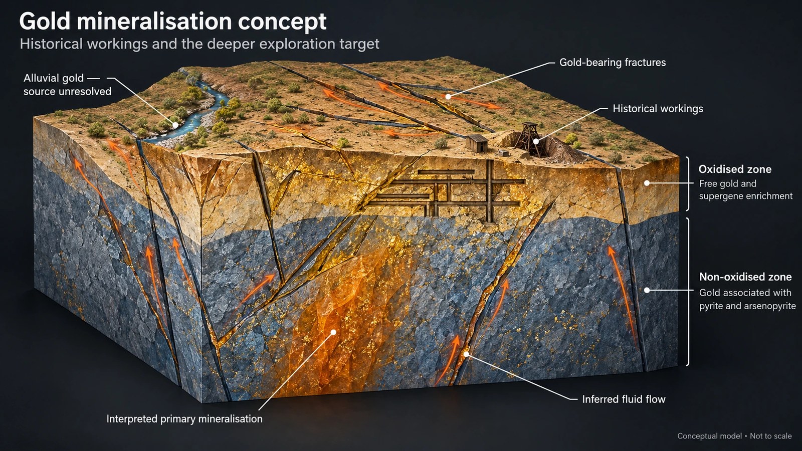 Conceptual geological cutaway showing shallow historical gold workings in oxidised rock, gold-bearing fractures and interpreted deeper primary mineralisation in non-oxidised rock.