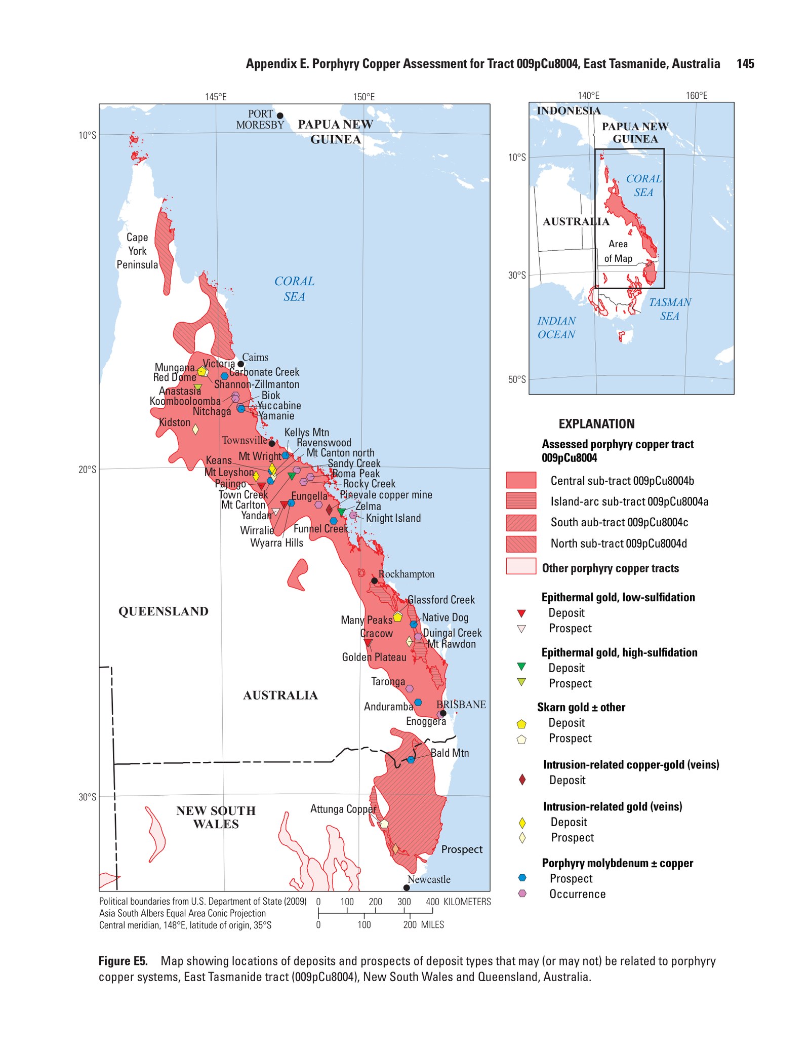 USGS Figure E5 showing eastern Australian mineral sites and its original legend. Bald Mtn is marked with a blue porphyry molybdenum plus or minus copper prospect symbol near the Queensland–NSW border.