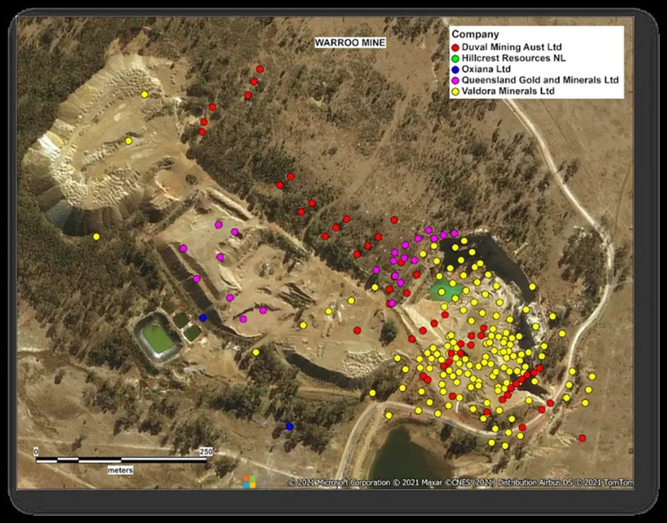 Warroo mine aerial with historical exploration markers, added from the source project portfolio. The original company legend and basemap credits are retained. Marker positions and historical labels require verification before field use.